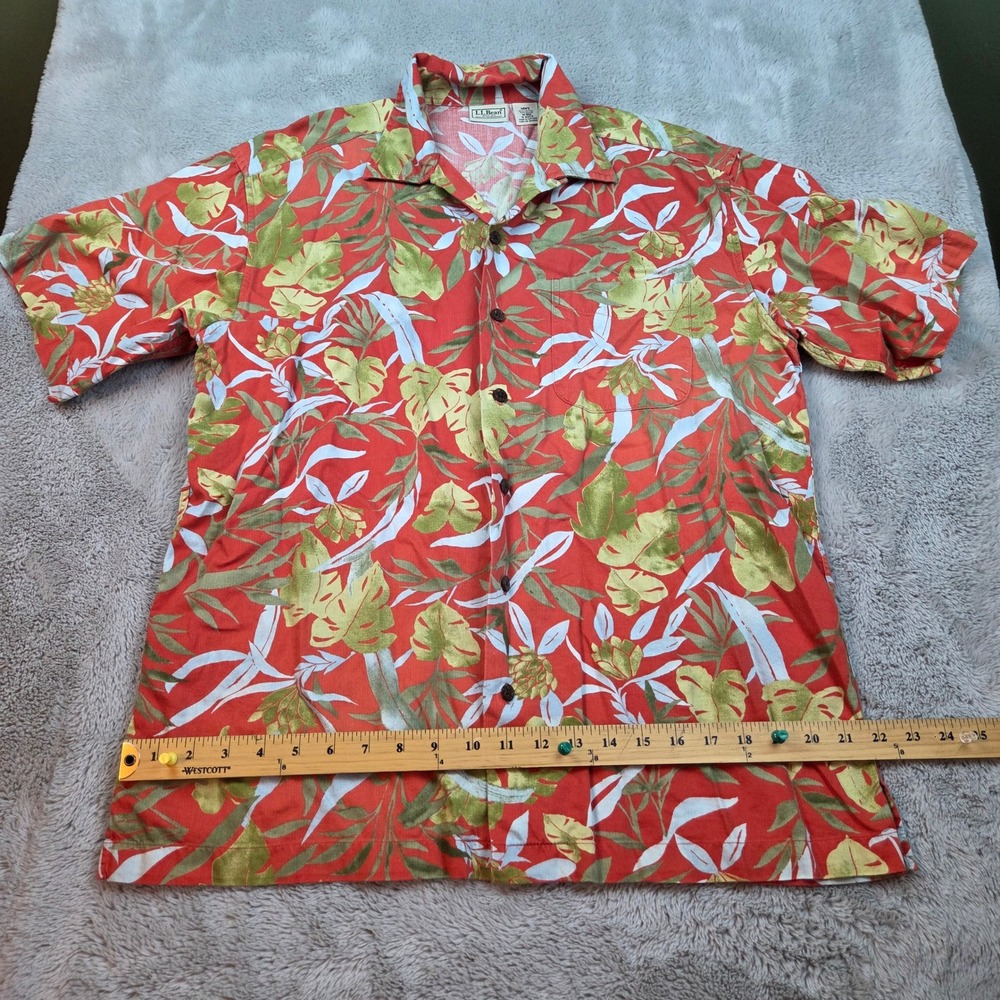 LL‎ Bean Cotton Button Down Camp Shirt Mens M Tropical Floral Aloha Red Hibiscus